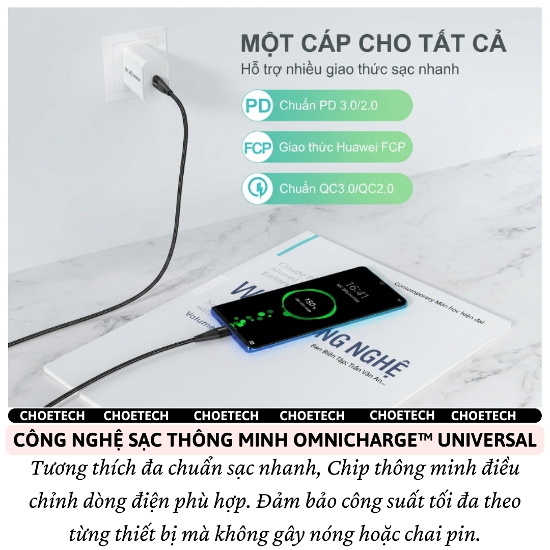 Dây cáp sạc nhanh PD + QC3.0 60W SmartChip AI DURAFLEX Choetech XCC100 siêu nhanh dùng cho tất cả dòng iP 15 16 17 Samsung Oppo MacBook, iPad, Android, Nintendo Switch- Hàng nhập khẩu