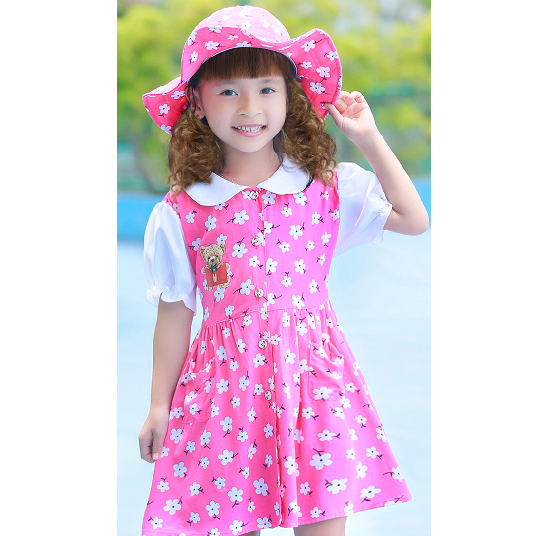 Bộ váy kèm mũ trẻ em hoa cúc màu hồng EK-06