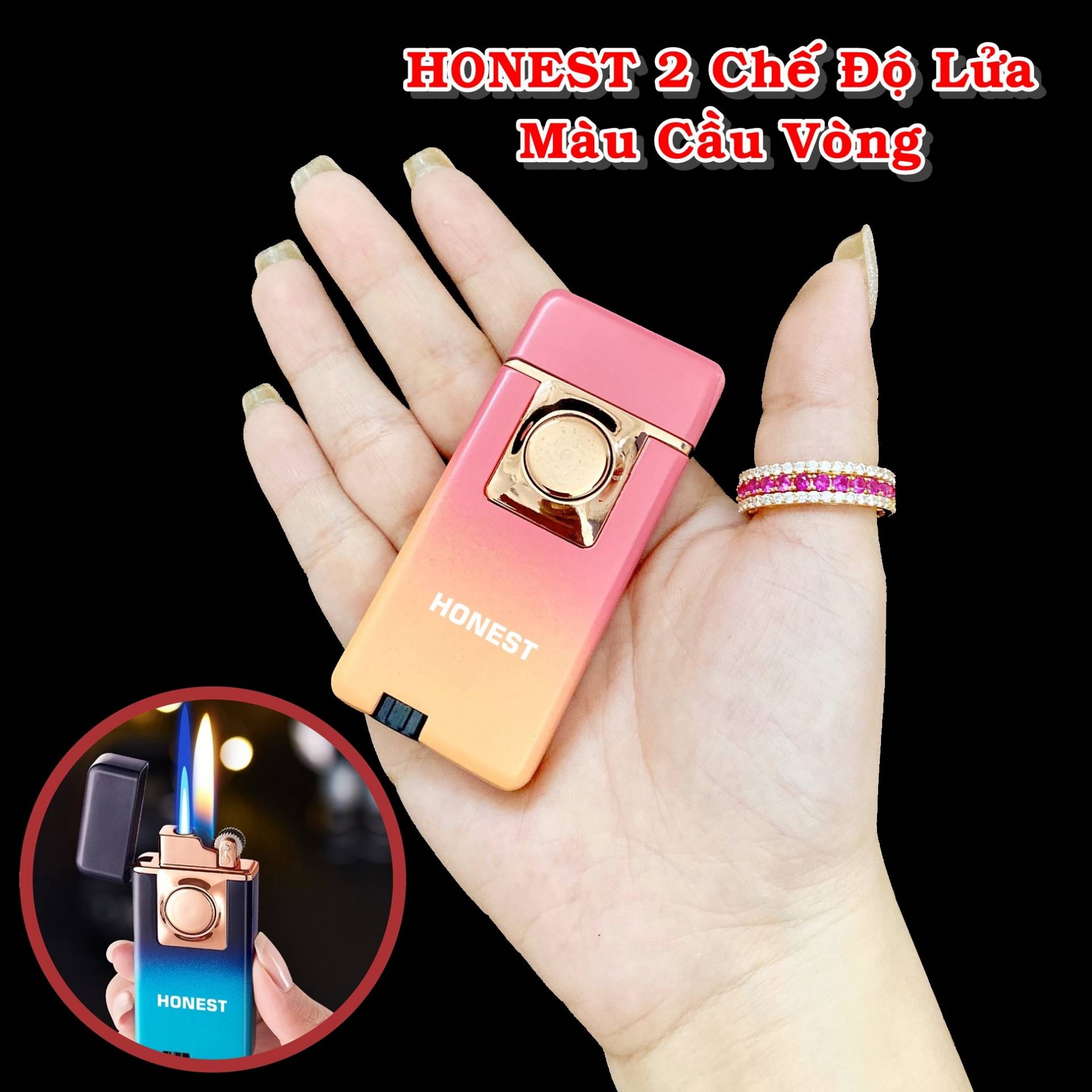 Hột quẹt bật lửa HONEST 2 chế độ lửa màu cầu vòng (lửa ngọn và lửa hoả tiễn) - (xài gas)