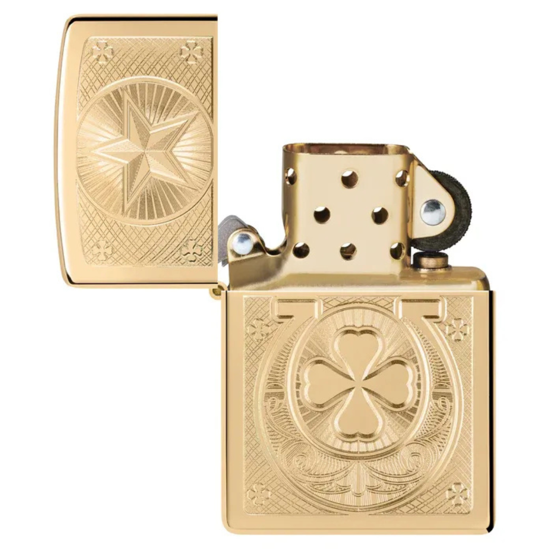 Bật Lửa Zippo Lucky Horseshoe 46854 - Thiết Kế Móng Ngựa &amp; Cỏ 4 Lá May Mắn - Đồng Thau Bóng Chính Hãng