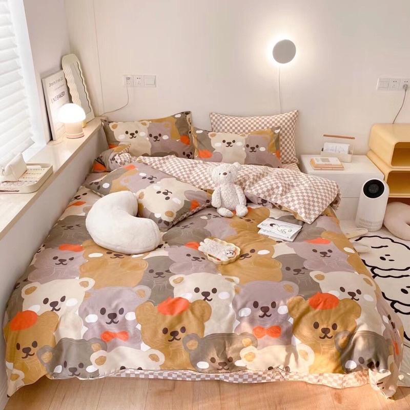 Bộ Chăn Ga Gối Cotton Living 100%cotton Hàng Nhập Khẩu Cao Cấp 4 Món Gấu teddy