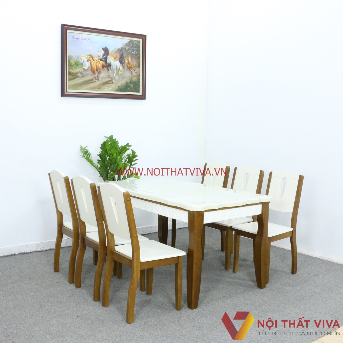 Bộ Bàn Ăn Mặt Đá Cẩm Thạch Gỗ Xoan 6 Ghế Màu Óc Chó Phối Trắng Cao Cấp