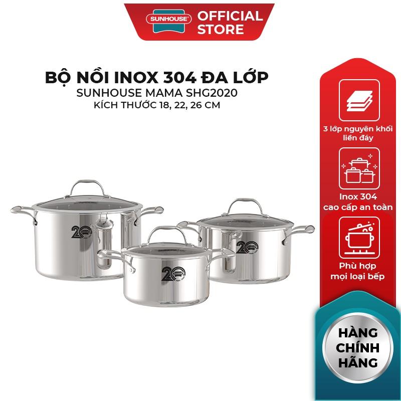 Bộ nồi inox 304 đa lớp 18 – 22 – 26 cm Sunhouse Mama SHG2020