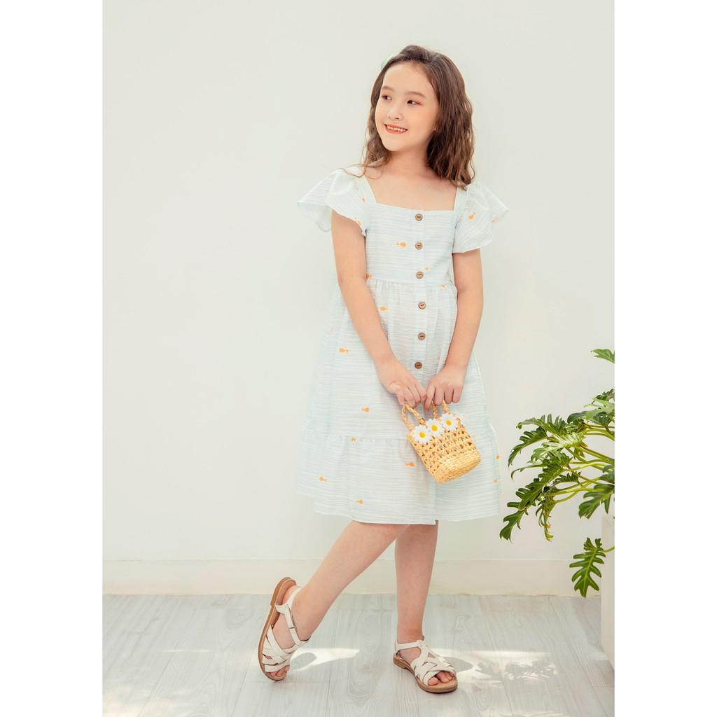 Váy đầm bé gái BYZU, chất vải cotton màu xanh biển, họa tiết cá xinh xắn