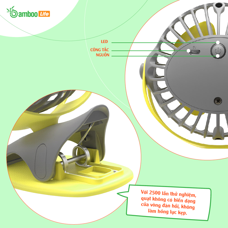 Quạt mini, quạt tích điện để bàn cầm tay Bamboo Life chính hãng dung lượng pin 4000mAh xoay 360 độ sạc pin kẹp nôi kẹp xe đẩy cho bé