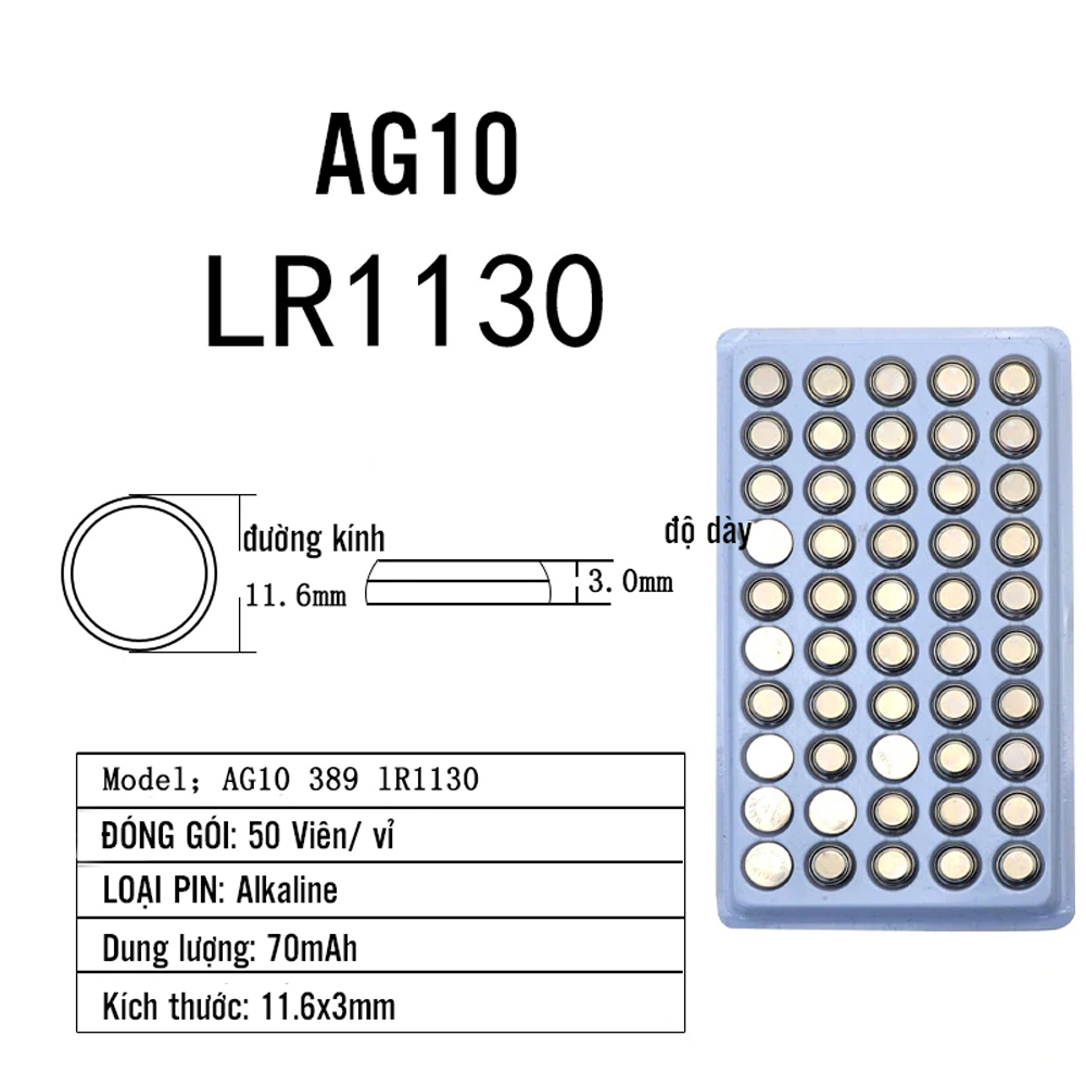 Vỉ 50 viên Pin Cúc Áo AG10 1.55 V 70 mAh Cell Button AG10 LR1130 LR54 389 SR113 189 Cho Đèn Led Van Xe Đạp/ Đèn Xe Đạp/ Caculator/ Đồ Chơi (màu vỉ ngẫu nhiên