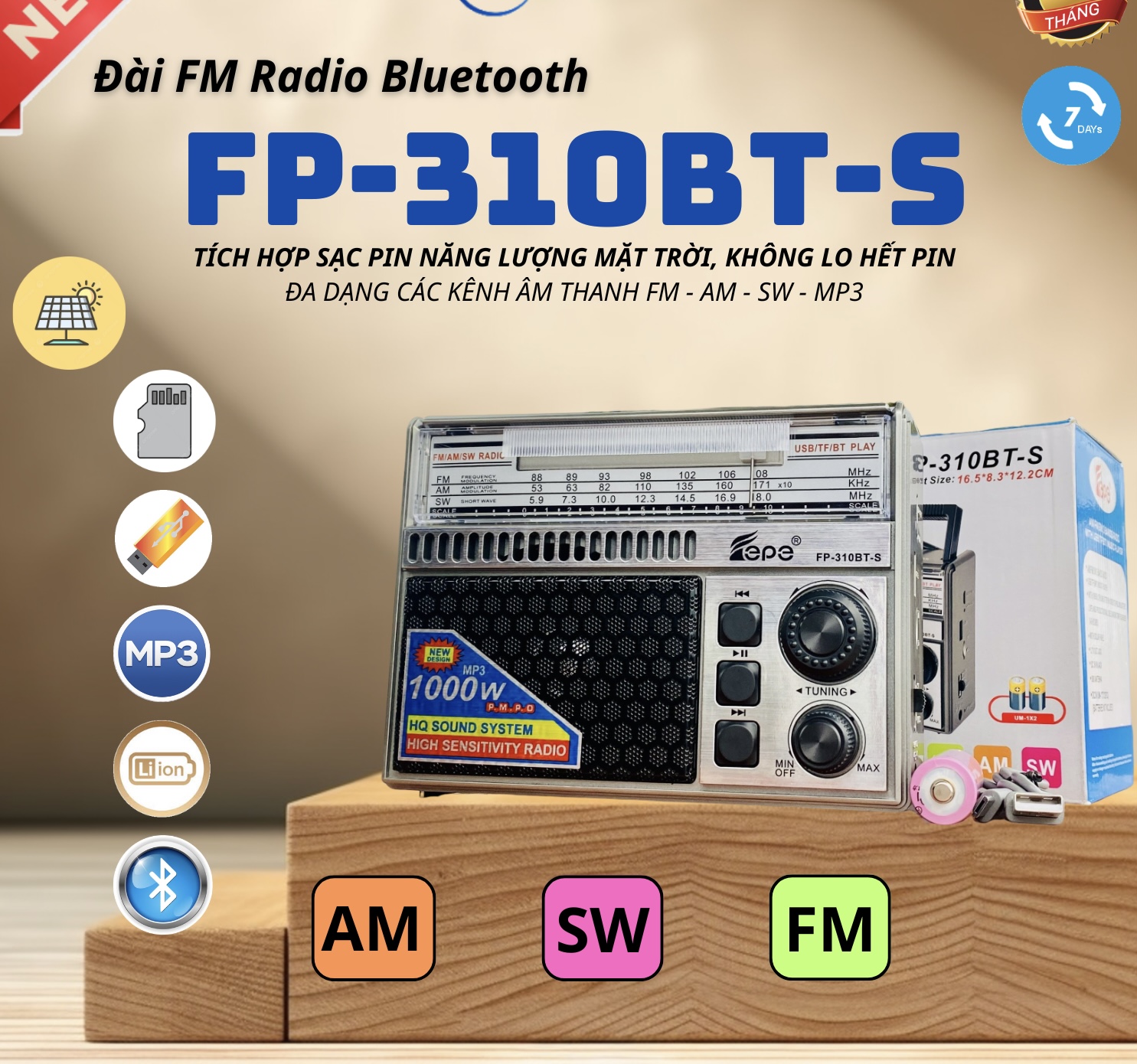 Đài radio 310BT Chất Lượng Tốt Am/Fm/Sw Đa Chức Năng Radio Với USB/Khe Cắm SD -kết nôi Bluetooth -tích hợp pin sạc-Hàng Chính Hãng