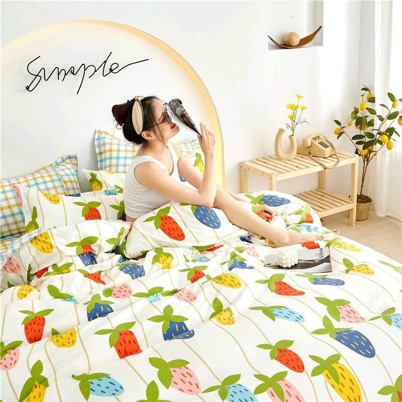 Bộ chăn ga Cotton poly M2T Bedding chăn ga Hàn Quốc họa tiết dâu ngũ sắc đủ size miễn phí bo chun