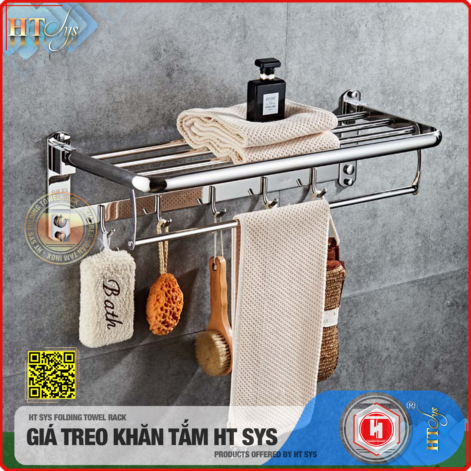 Kệ nhà tắm inox 304 cao cấp HT SYS - HTGT02 - Tích hợp giá treo khăn tắm, vắt khăn tắm, móc treo đồ -Hàng Chính Hãng