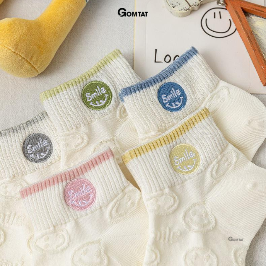 Set 5 đôi vớ nữ cổ ngắn xinh xắn họa tiết mặt cười, tất nữ cổ thấp chất liệu cotton mềm mỏng thoáng mát - CB092