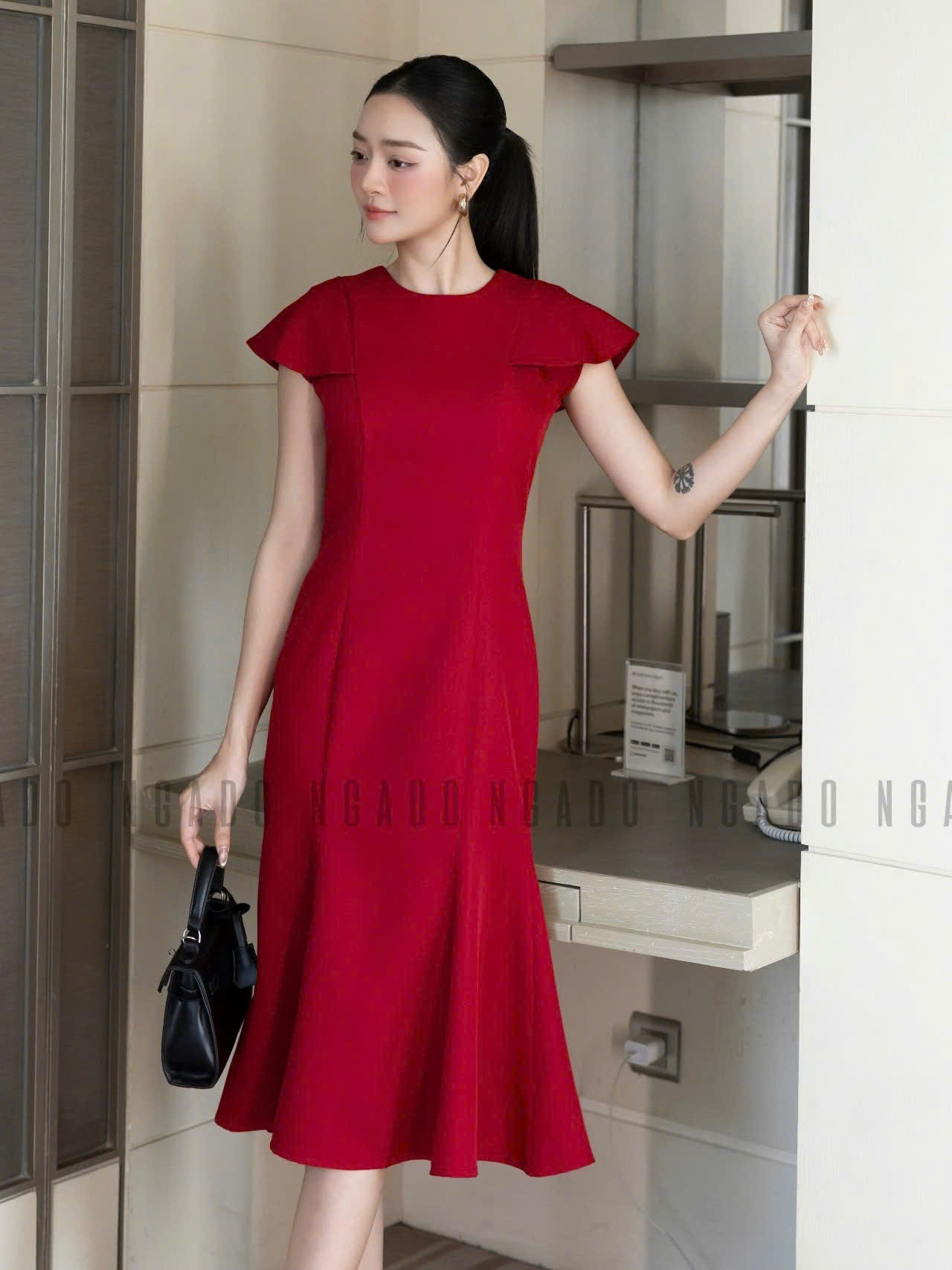 Đầm đỏ đuôi cá ngắn tay NGADO , đầm nữ , Đầm dự tiệc sang chảnh