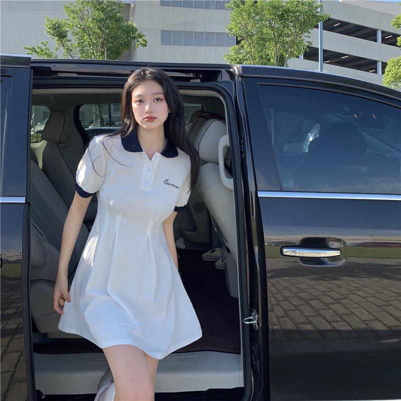 Đầm Polo Ôm Body Nữ Triết Eo Thêu Chữ, Váy Nữ Polo Dáng Xòe Cộc Tay Có Cổ Phối Ngắn