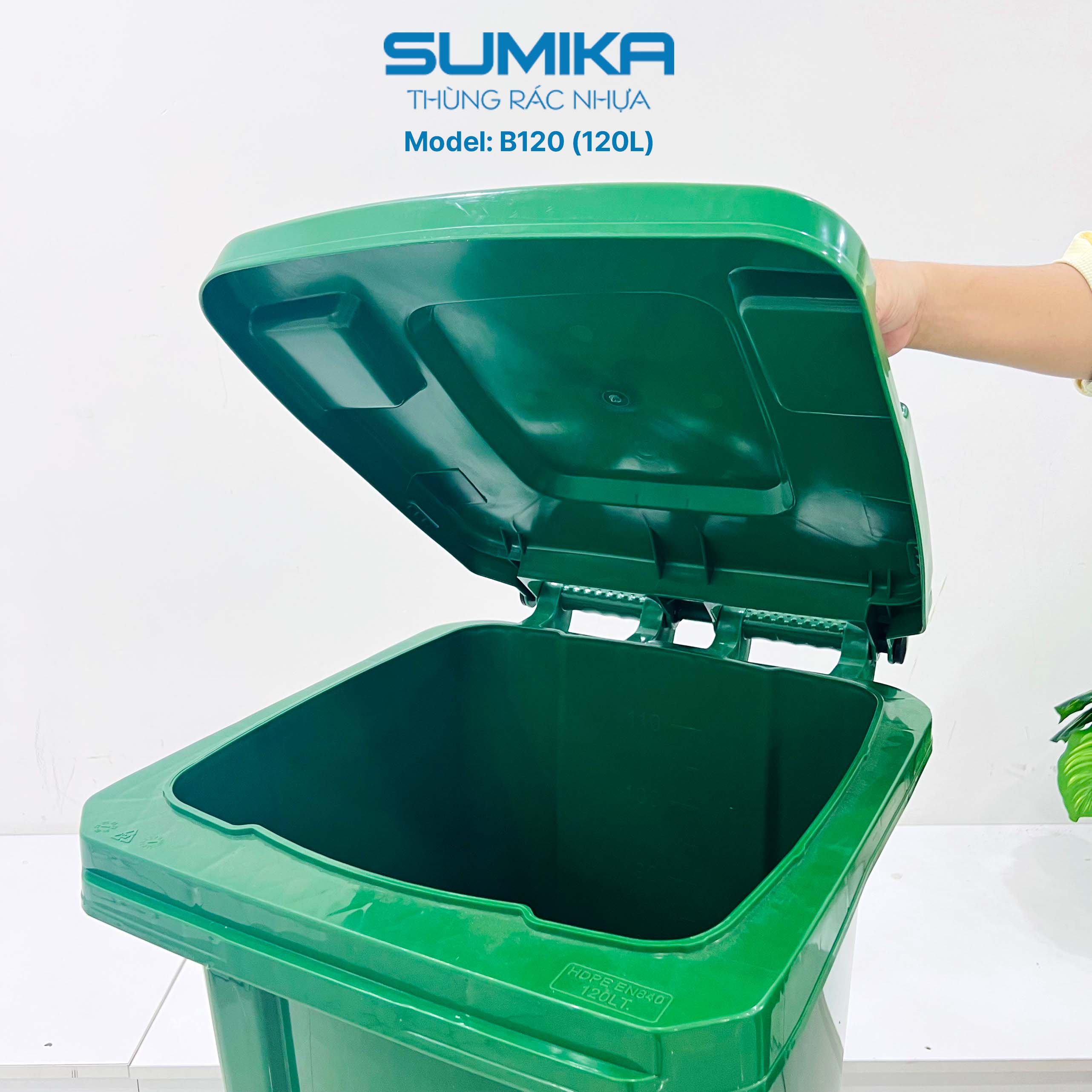 Thùng rác nhựa công cộng SUMIKA B120, dung tích 120L, có bánh xe