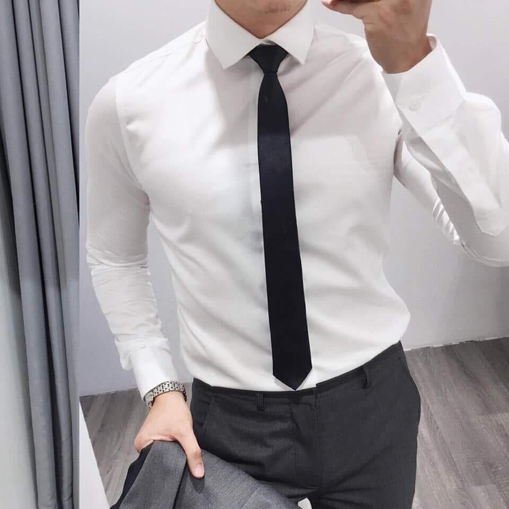 Áo sơ mi nam trắng dài tay công sở cao cấp chất lụa Hamino form slimfit ôm dáng thời trang Hàn Quốc màu trắng đen hàng VNXK, áo sơ mi nam dài tay công sở Hàn quốc cao cấp đen trắng - Đen - L