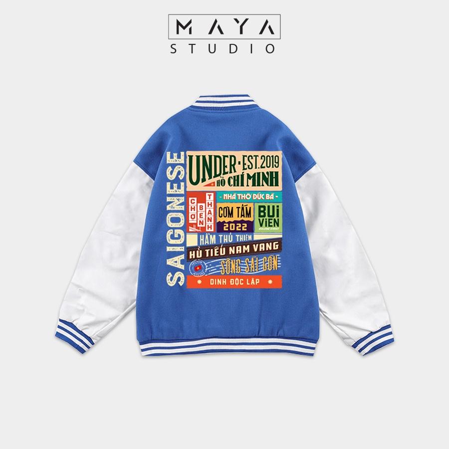 Áo Khoác Bomber MAYA HÀ NỘI VÀ SÀI GÒN form rộng Unisex nam nữ kiểu Varsity Jacket vải nỉ bông cực chất