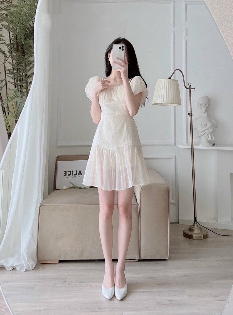 Đầm 2 dây trễ vai, Váy trắng ngắn hai dây Cao Cấp dáng chữ A tay ngắn ôm eo sexy gợi cảm MiNhi