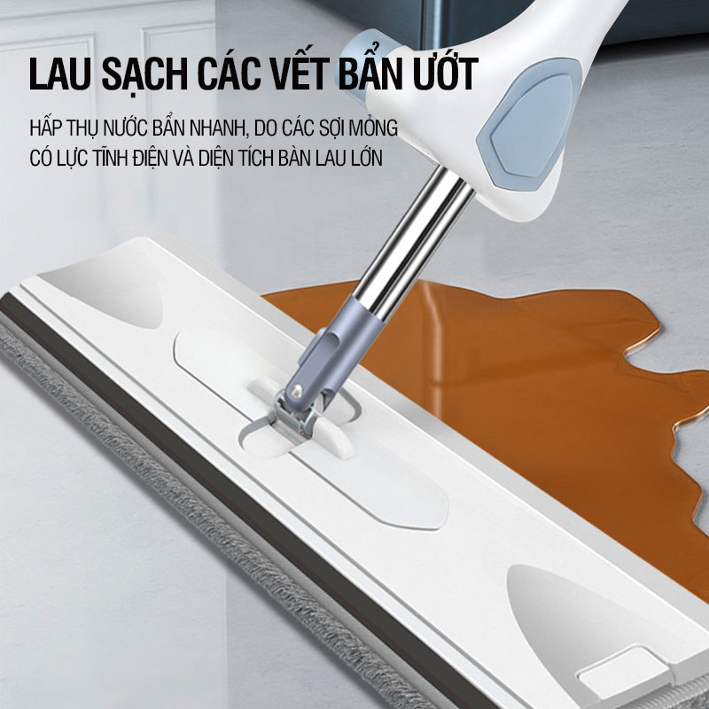 Cây lau nhà tự vắt Kitimop-XPRO bàn lau lớn 42cm, con lăn trợ lực, thanh thép không gỉ, khớp xoay 360 độ, 2 bông lau