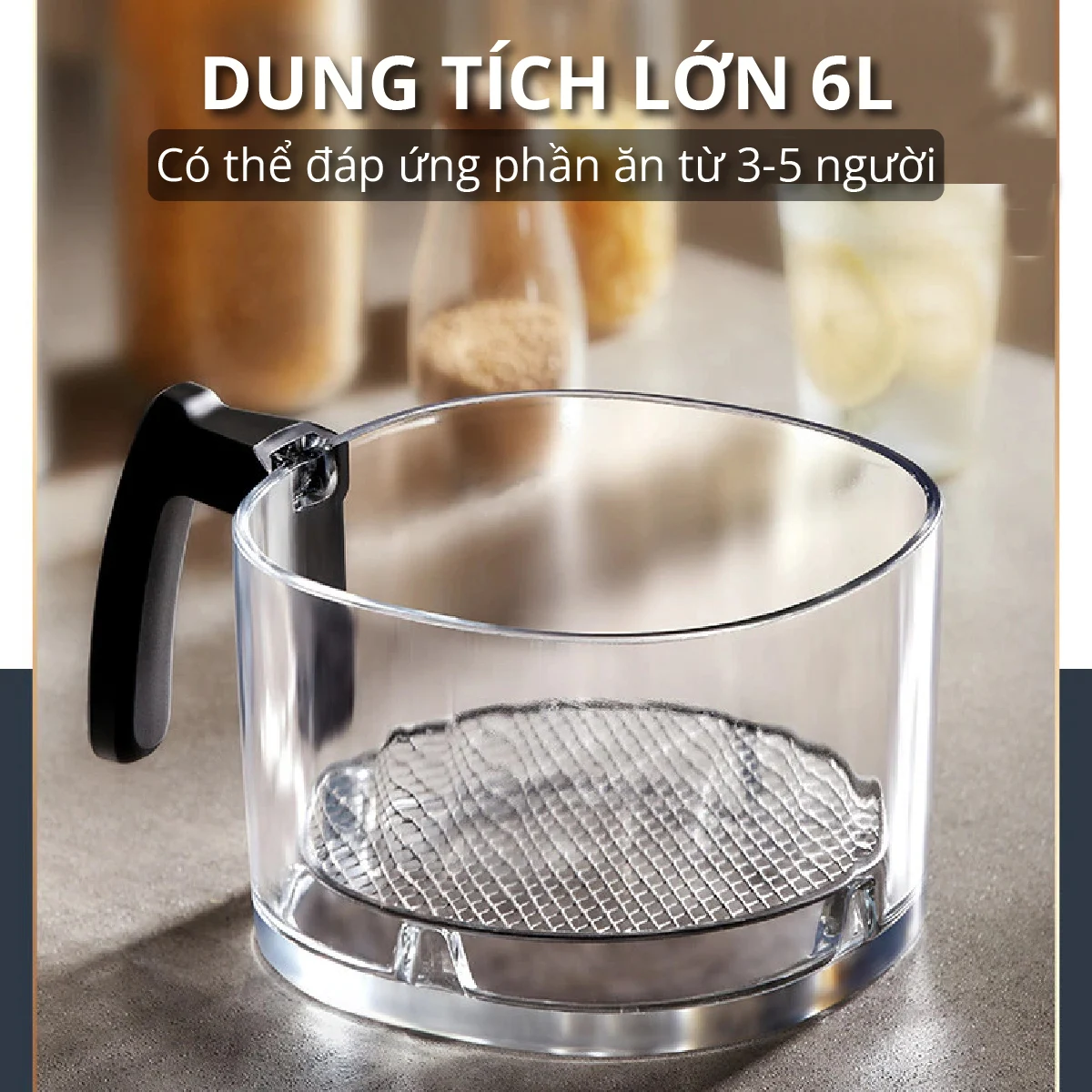 Nồi chiên không dầu lòng thủy tinh khay inox 304 không bong chống dính, gỉ sét, dung tích tổng 6L bảo hành 24 tháng