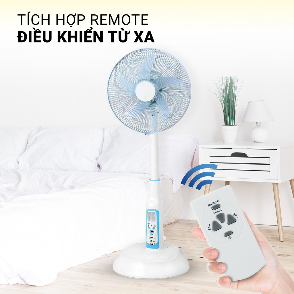 Quạt Sạc Tích Điện Kiểu Đứng Điều Khiển Remote 16 Inch HJD-FL602 Tích Hợp Đèn LED Và Cổng Sạc USB - Hàng Chính Hãng