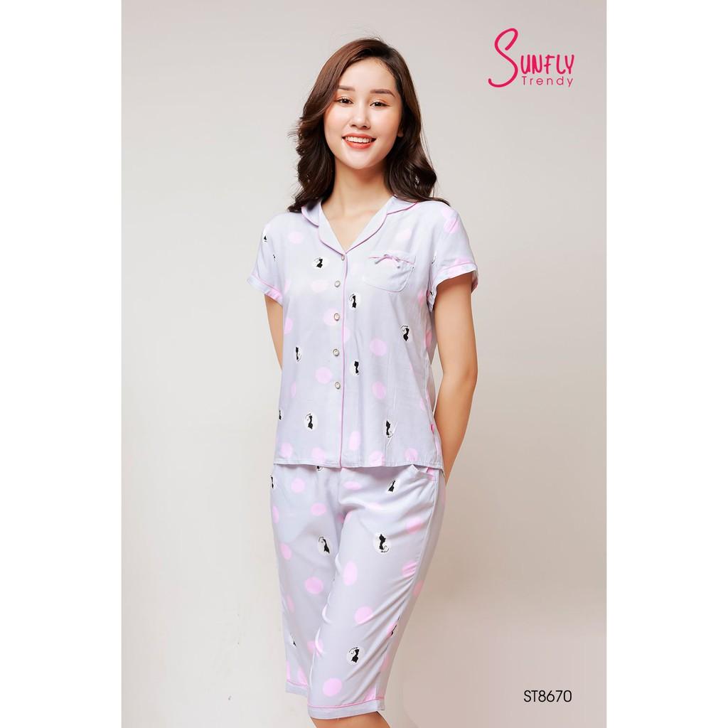 Bộ đồ Pijama mặc nhà Sunfly. Set đồ lanh cao cấp chất Lanh mềm mại, họa tiết chấm bi đơn giản dáng áo cộc quần ngố