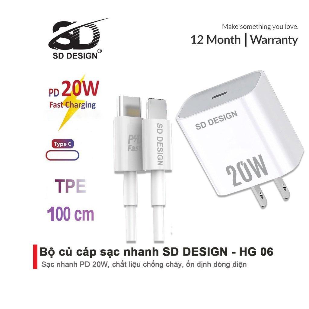 Bộ Củ Cáp Sạc Nhanh 20W SD DESIGN HG 06 sạc ổn định an toàn cho điện thoại 6 đến 14 pro max