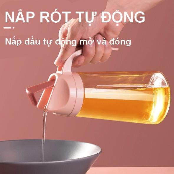 Chai Đựng Dầu Ăn, Bình Rót Dầu Bằng Thủy Tinh Thông Minh Tự Động Mở Nắp Dung Tích 600ml