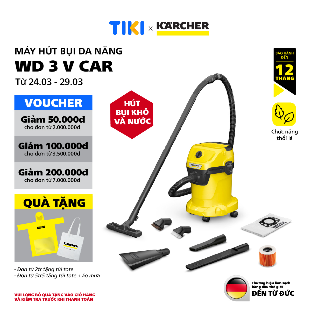 Máy hút bụi đa năng khô và ướt  WD 3 V Car dành cho Karcher - Công suất 1000W - Dùng cho gia đình và ô tô - Hàng Chính Hãng