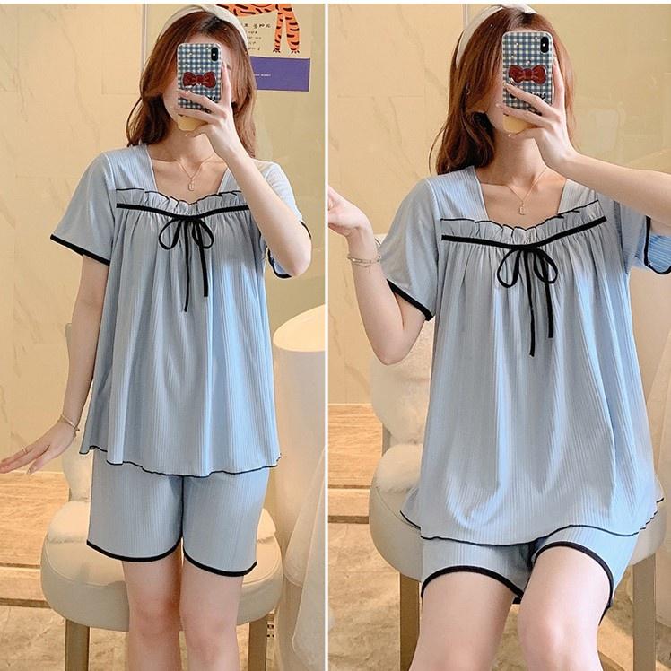 Đồ Bộ Nữ - Đồ Mặc Nhà Vải Thun Tay Cộc Quần Cộc Màu Trơn Phối Nơ Dễ Thương CCTT11