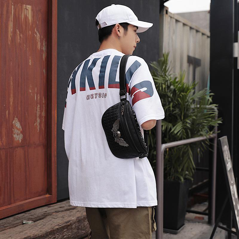 Men'S Rivet Ghost Head Waist Pack Trend PU Leather Chest Bag