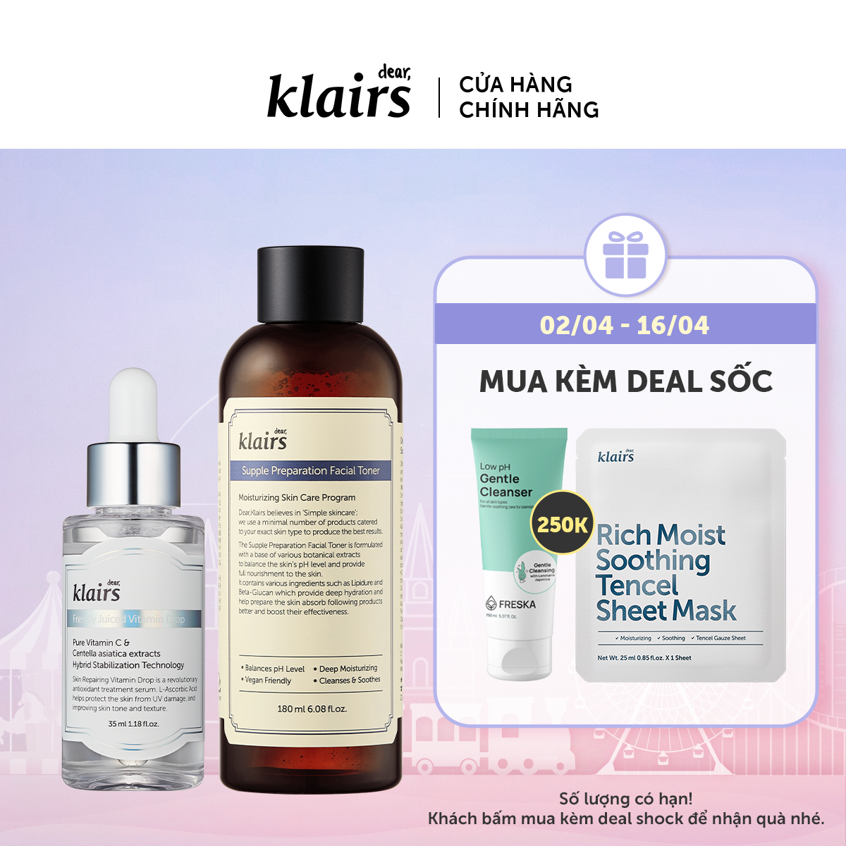 Combo Dear, Klairs Nước hoa hồng Supple Preparation Facial Toner 180ml+Tinh chất Freshly Juiced Vitamin Drop 35ml