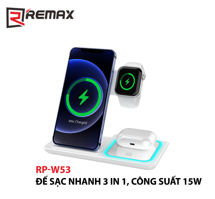 Đế Sạc Nhanh Không Dây Đa Năng 3in1 REMAX RP-W53 Hỗ Trợ Sạc Nhanh Lên Đến 15W - Hàng Nhập Khẩu