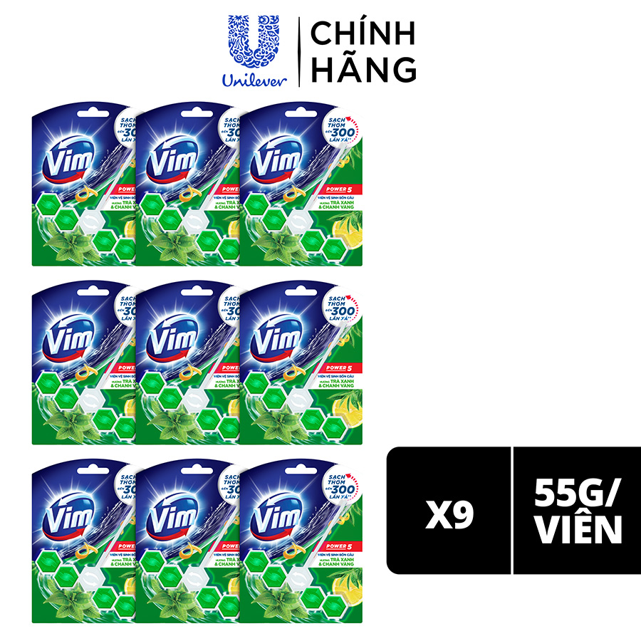 Combo 9 Viên Tẩy Bồn Cầu Vim Power 5 Sạch Khuẩn Thơm Mát (55g/viên ) Hương Chanh