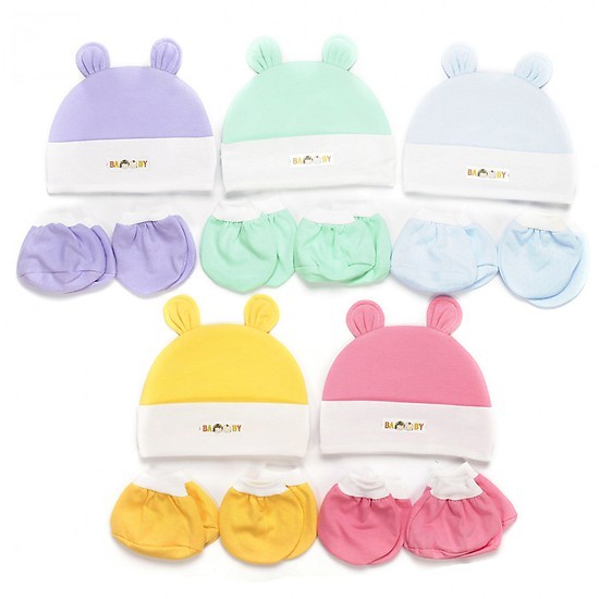 Set 5 bộ nón kèm bao tay chân màu bé sơ sinh(5 nón baby,5 bộ bao t/c màu trơn đẹp)