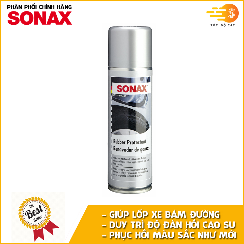 Chai xịt bảo dưỡng cao su, lốp xe Rubber Protectant Sonax 340200 300ml tặng kèm 1 khăn 3M KL3030 - Duy trì độ đàn hồi, chống nứt, chống bạc màu