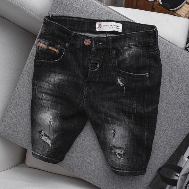 Quần short jean nam màu đen wash thời trang