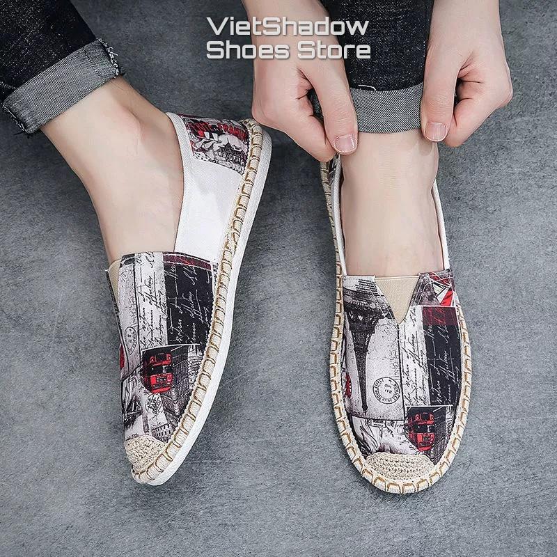 Giày lười vải nam in họa tiết - Slip on nam đế cói - Chất liệu vải bố cotton 2 màu đỏ và xám - Mã 2951