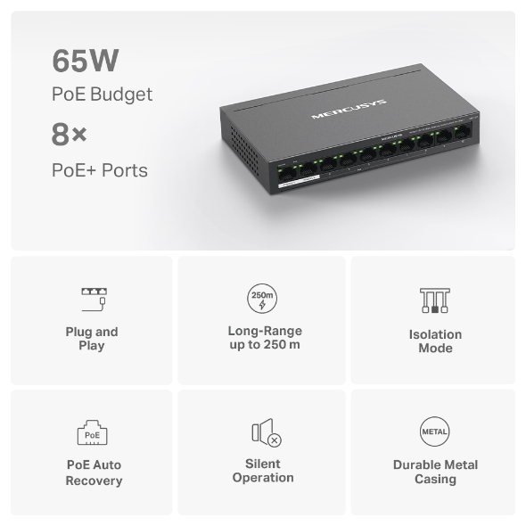 Bộ Switch Chia Mạng Mercusys MS110P 10 Cổng 10/100 Mbps với 8 Cổng PoE+ - Hàng Chính Hãng