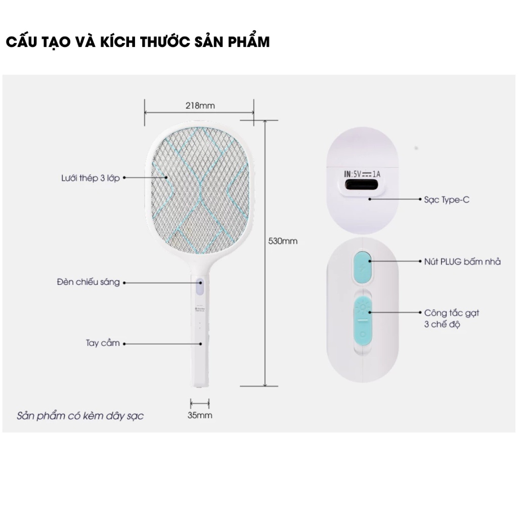 Vợt bắt muỗi Rạng Đông VBM RD.06 sạc Type-C - Hàng chính hãng