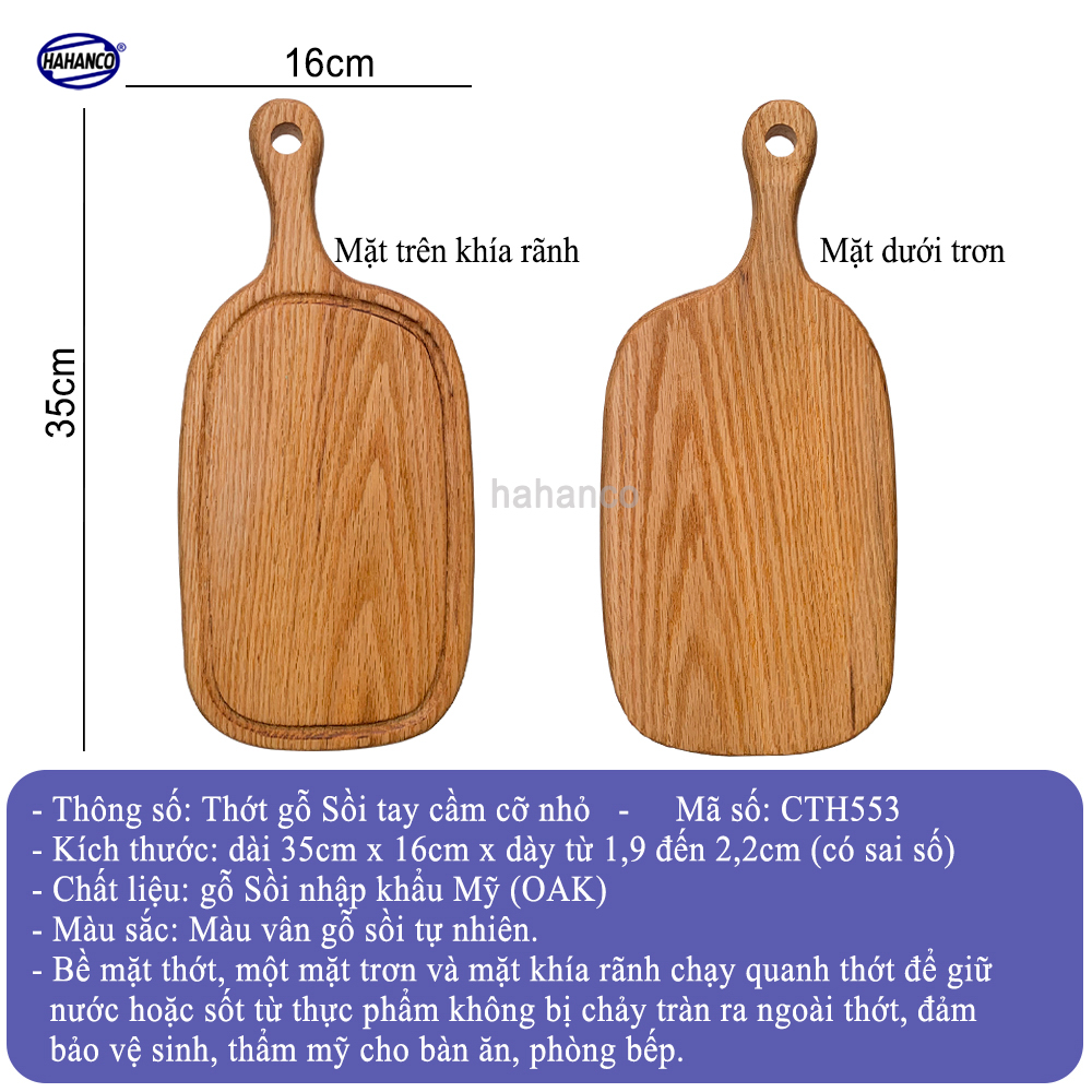 Thớt tay cầm gỗ Sồi Mỹ (OAK) có rãnh bao quanh tiện dụng (CTH553) hàng Xuất Khẩu Châu Âu - khay bánh mì/trái cây/ bít tết/ pizza/ phụ kiện chụp ảnh, bày món ăn trong nhà hàng - Sang trọng trên bàn ăn - HAHANCO