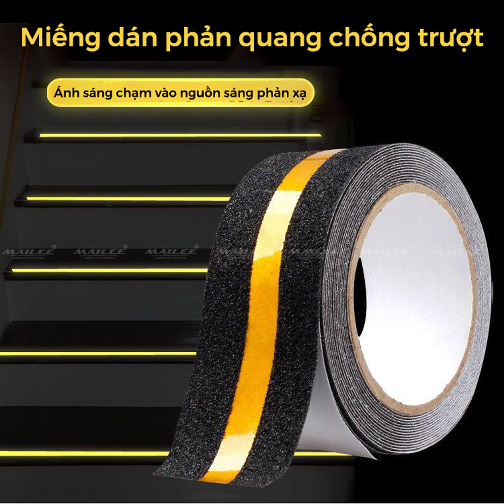 Băng keo chống trượt vân nhám đá phản quang 5m x 5cm cao cấp PQ-505V, dán cầu thang, chống trơn trượt hiệu quả dành cho văn phòng, nhà xưởng, chân bậc cầu thang - Mai Lee