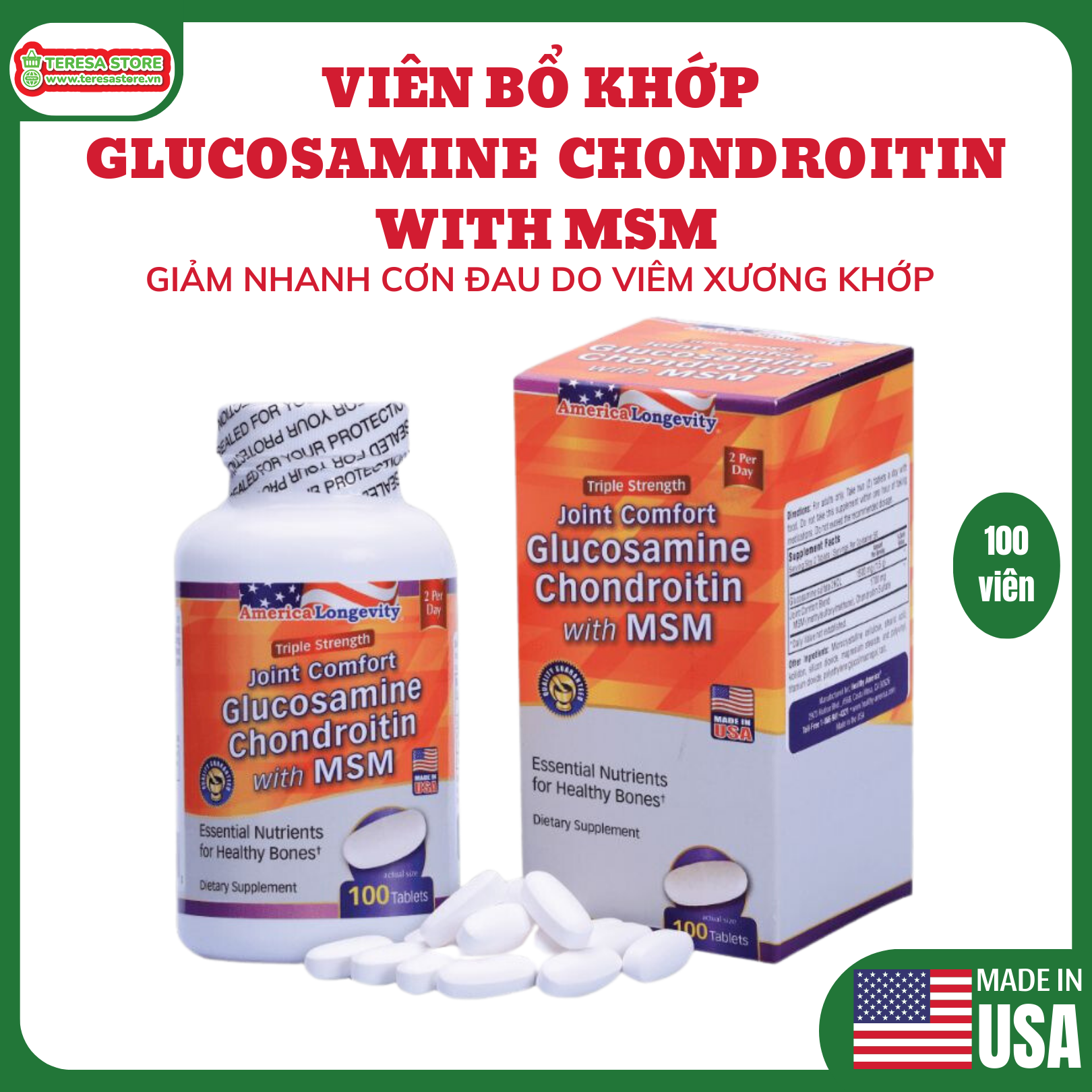 Viên Uống Glucosamine Chondroitin With Msm Giúp Giảm Đau Do Viêm Xương Khớp Hộp 100 Viên