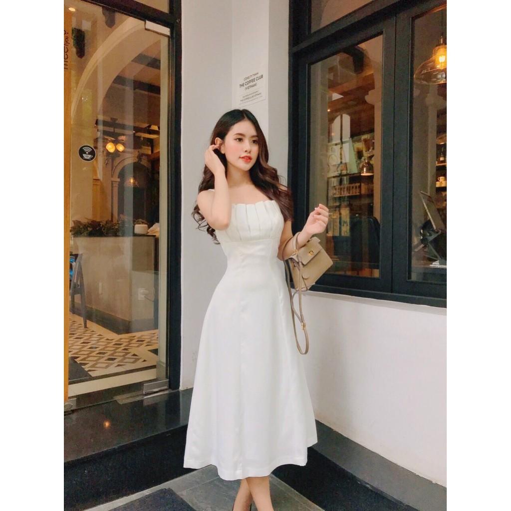 Đầm xòe 2 dây xếp ly ngực xinh lung linh