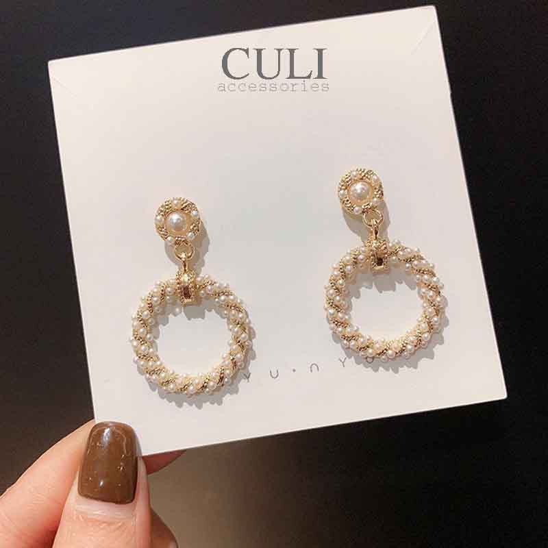 Khuyên tai dáng dài, khoen tròn đính đá phối hạt trai xinh xắn HT676 - Culi accessories