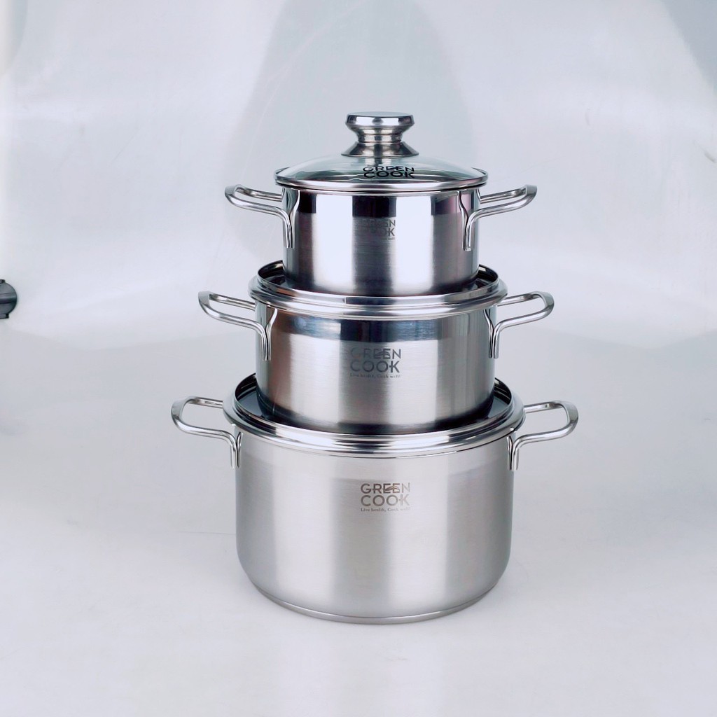 [Hàng chính hãng] Bộ 3 nồi inox đáy từ 3 lớp Greencook GCS06 dùng được trên mọi loại bếp, quai cách nhiệt size 16/20/24cm