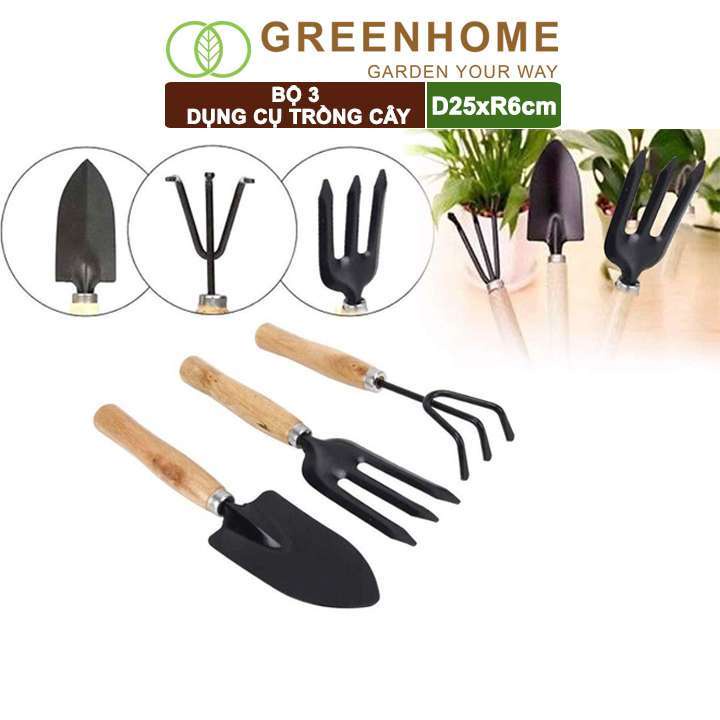 Dụng Cụ Làm Vườn Greenhome, D25cm, Cán Gỗ, Lưỡi Thép, Gồm Xẻng Xúc Đất, Cào, Chĩa, Trồng Cây, Làm Cỏ Dễ Dàng