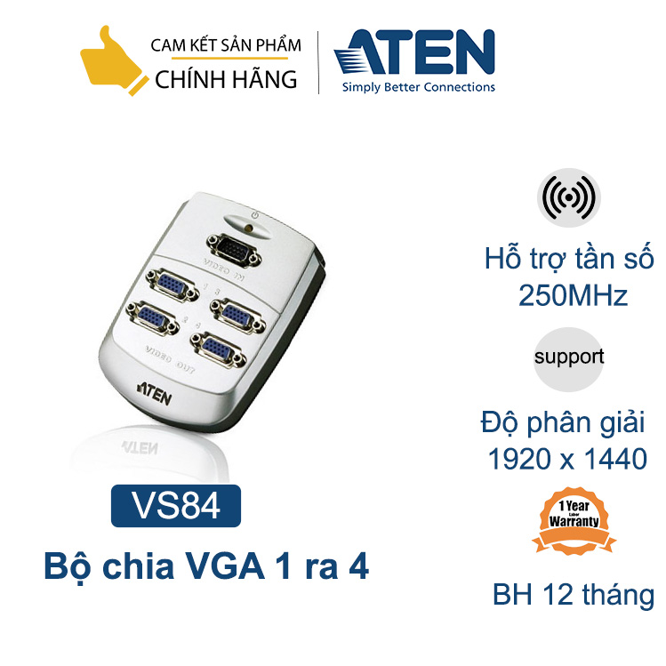 Bộ chia tín hiệu VGA 1 ra 4 Aten VS84, hỗ trợ tần số 250Mhz, 30m và độ phân giải 1920 x 1440 - Hàng chính hãng