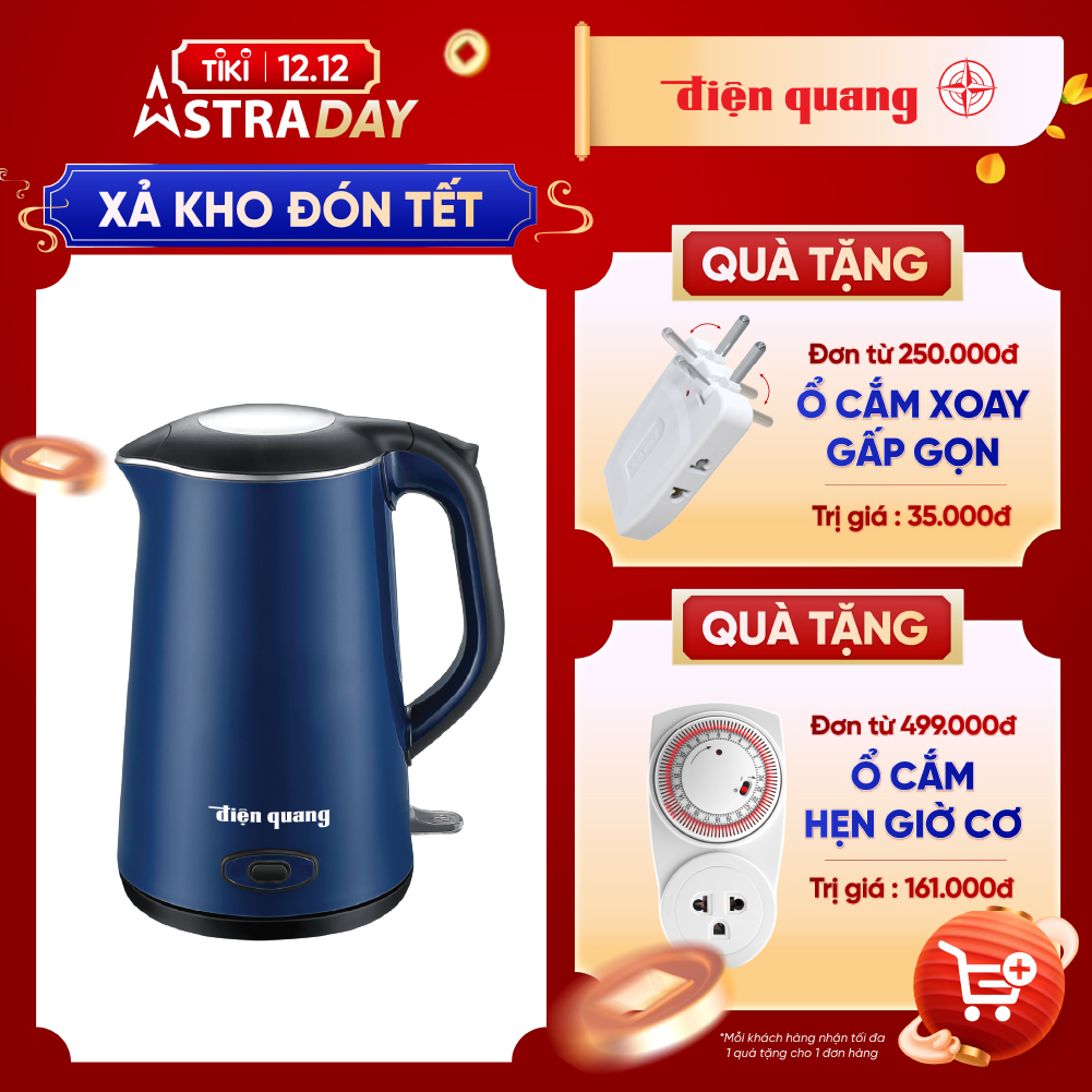 Ấm đun nước cao cấp Điện Quang ĐQ EKT09 1515 B KW (1500W, 1.5L, inox 304, vỏ 2 lớp, màu xanh dương, có chức năng giữ ấm) - Hàng chính hãng