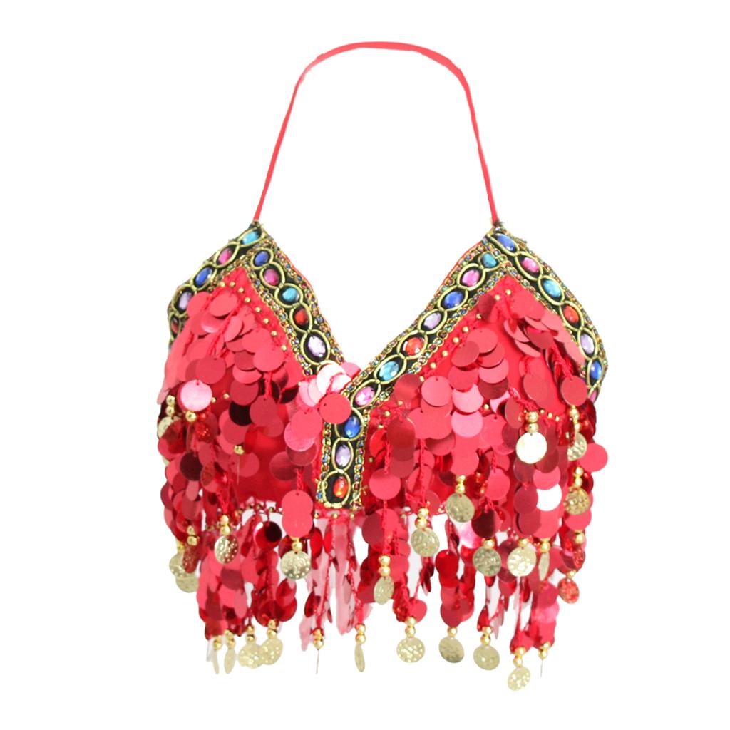 Womens Sparkling Belly Dance Bra Sequins Tassel Coins Top Samba Dancing Costume