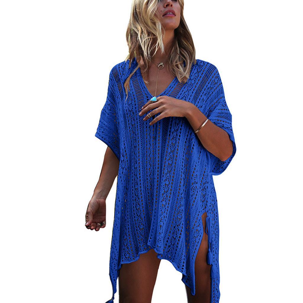 Womens V-Neck Swimwear Hollow Out Swimsuit Cover Up Knitted Beach Dresses
