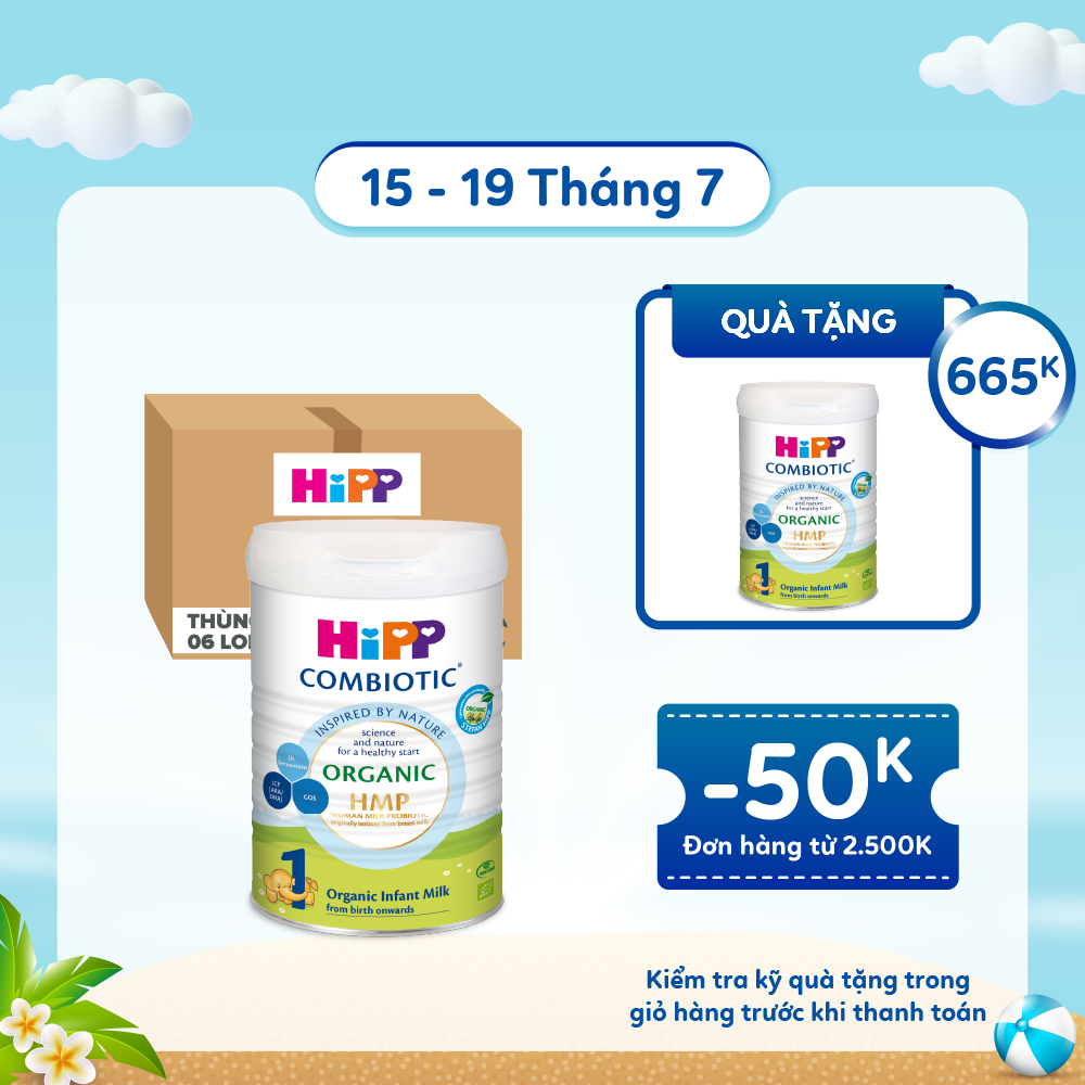 Thùng 6 lon sữa bột dinh dưỡng công thức HiPP 1 Organic Combiotic chất lượng hữu cơ, hỗ trợ, tăng cường sức khoẻ hệ miễn dịch, bổ sung omega 3,6 (DHA&amp;ARA) dành cho trẻ dưới 6 tháng tuổi (6 lon x 800g)